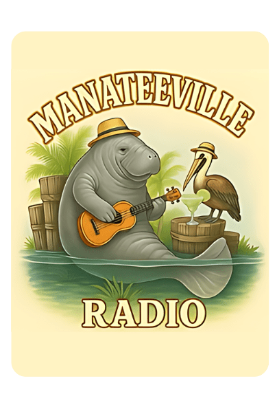 Manatee playing ukulele with pelican, text 'MANATEEVILLE RADIO'.