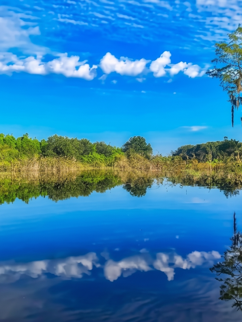 Serene lake with reflections, surrounded by trees under a vibrant blue sky with clouds.
